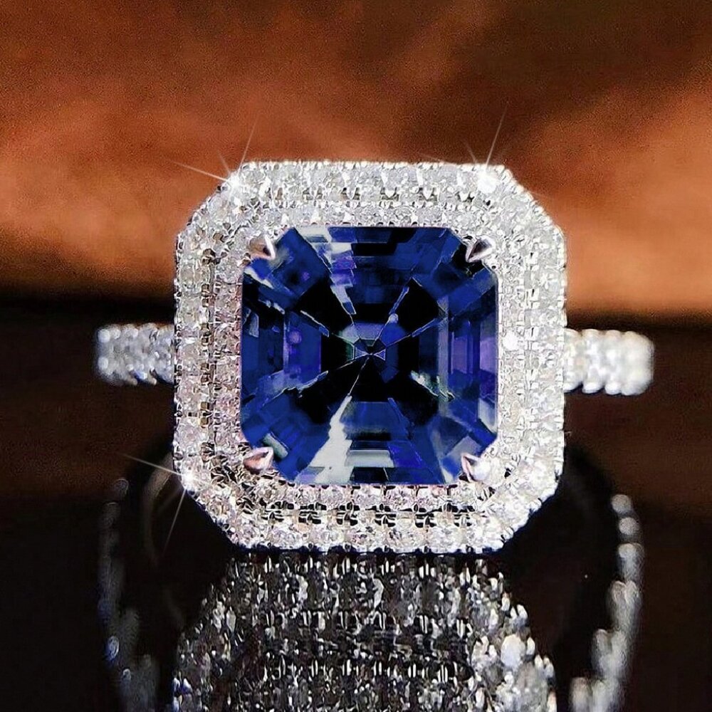 NEW 14k White Gold Blue Sapphire Diamond Ring Band Halo Ring
